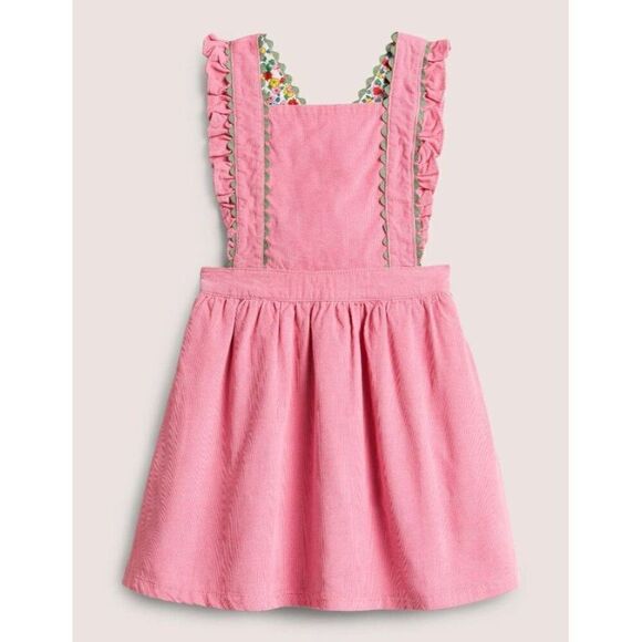 NWT! Mini Boden Pink Rickrack Frill Trim Pink Woven Pinafore Dress Size 7-8Y